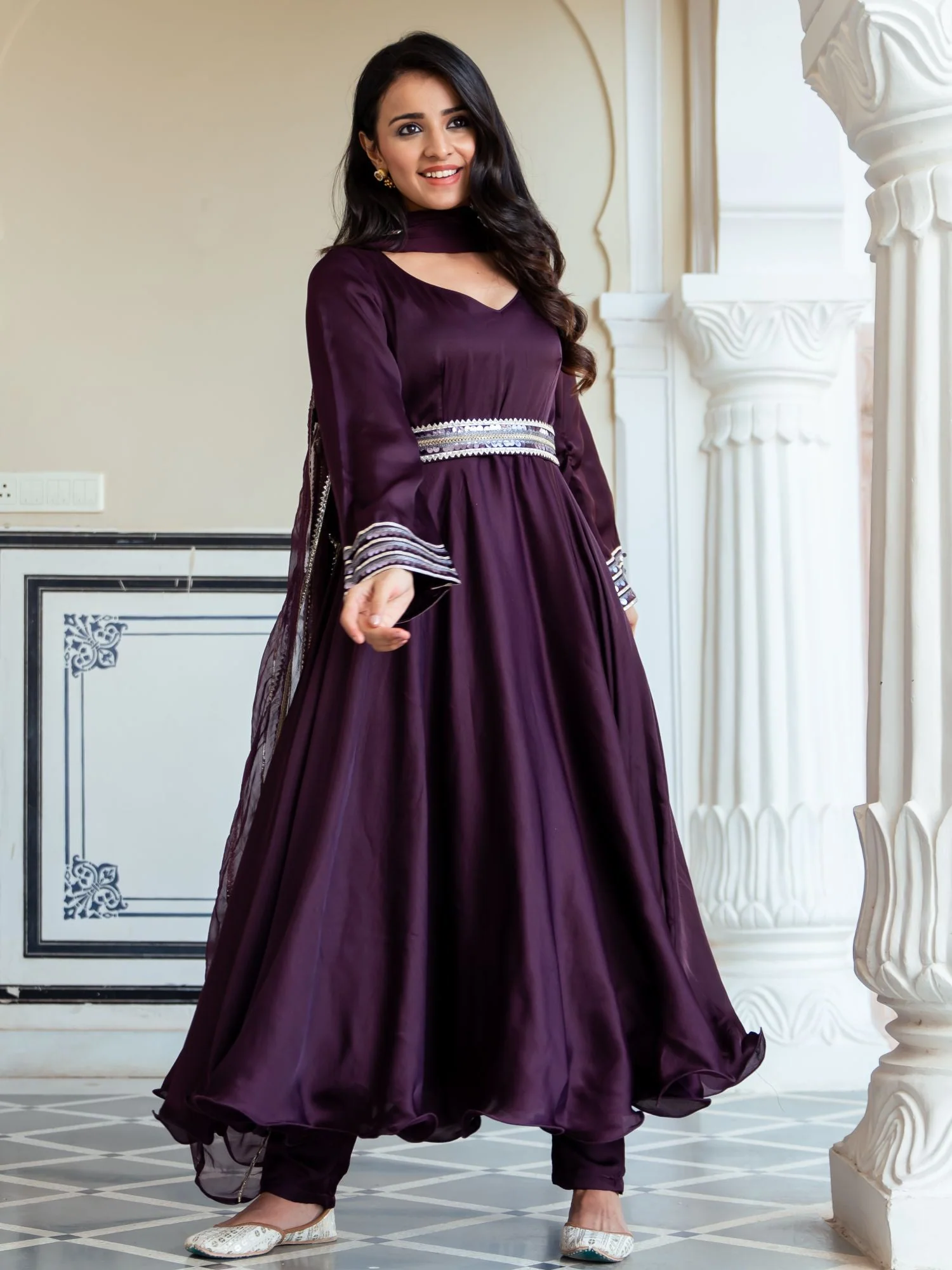 Wine Silk Anarkali With Dupatta - Image 3