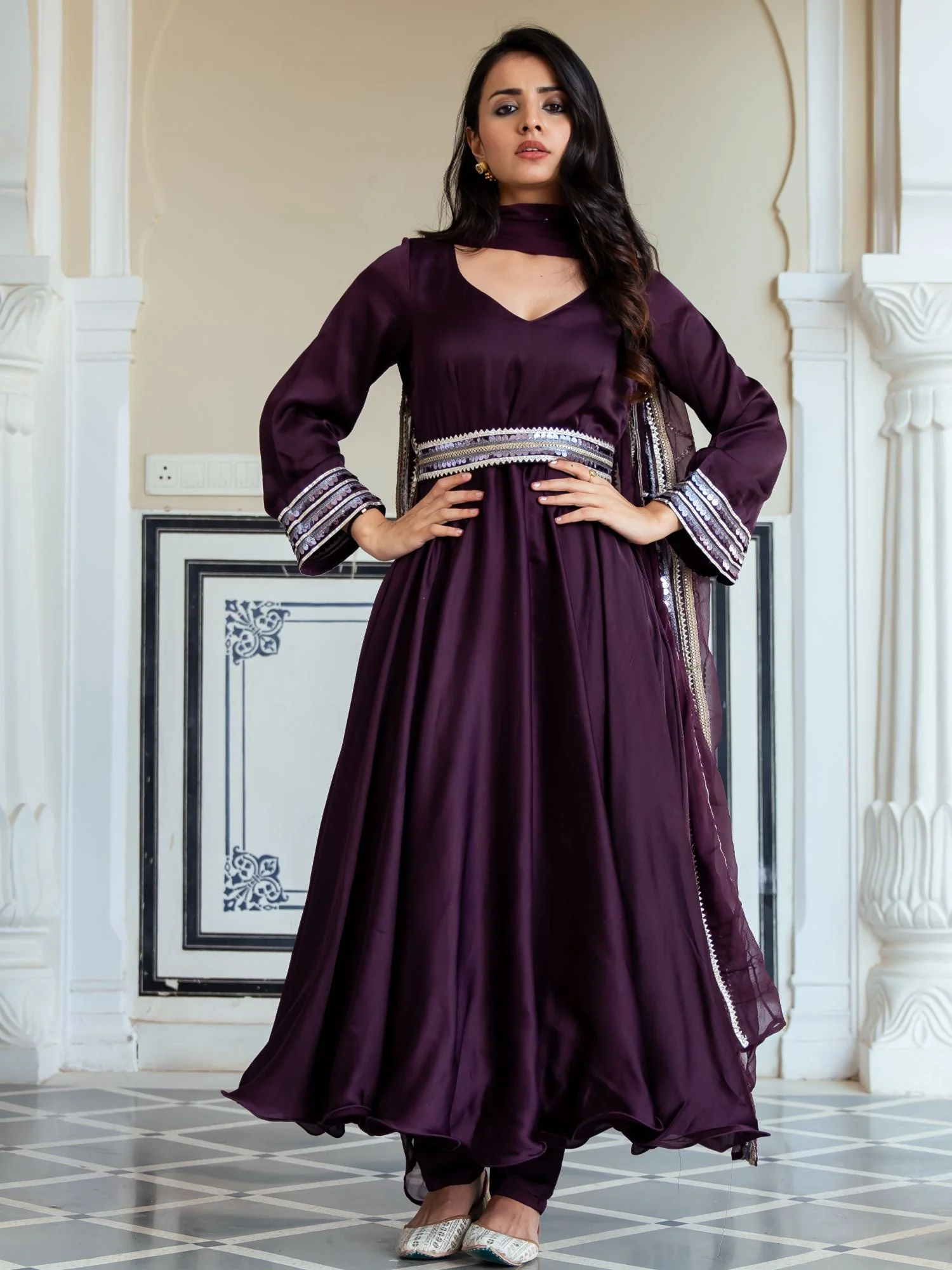 Wine Silk Anarkali With Dupatta - Image 4