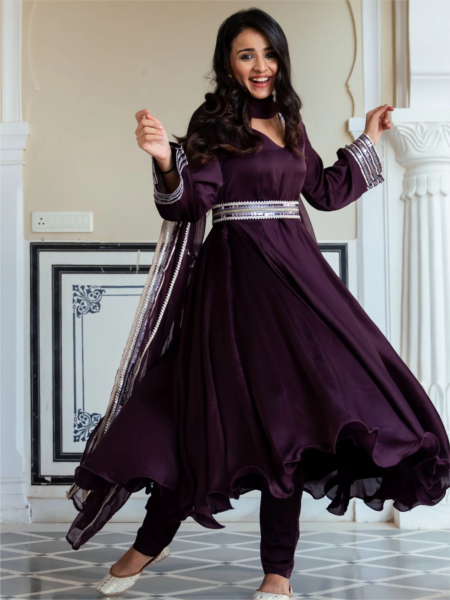 Wine Silk Anarkali With Dupatta - Image 5
