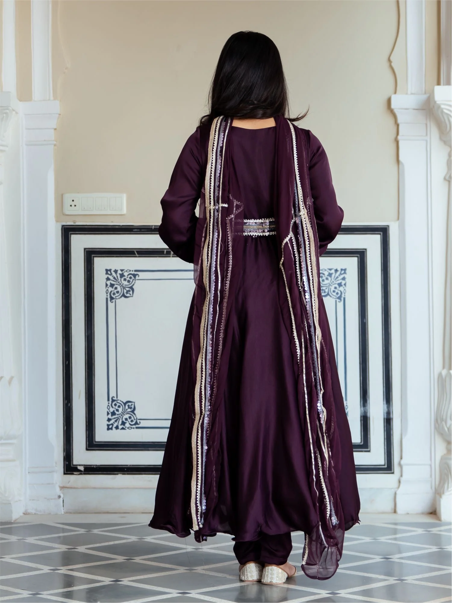 Wine Silk Anarkali With Dupatta - Image 6