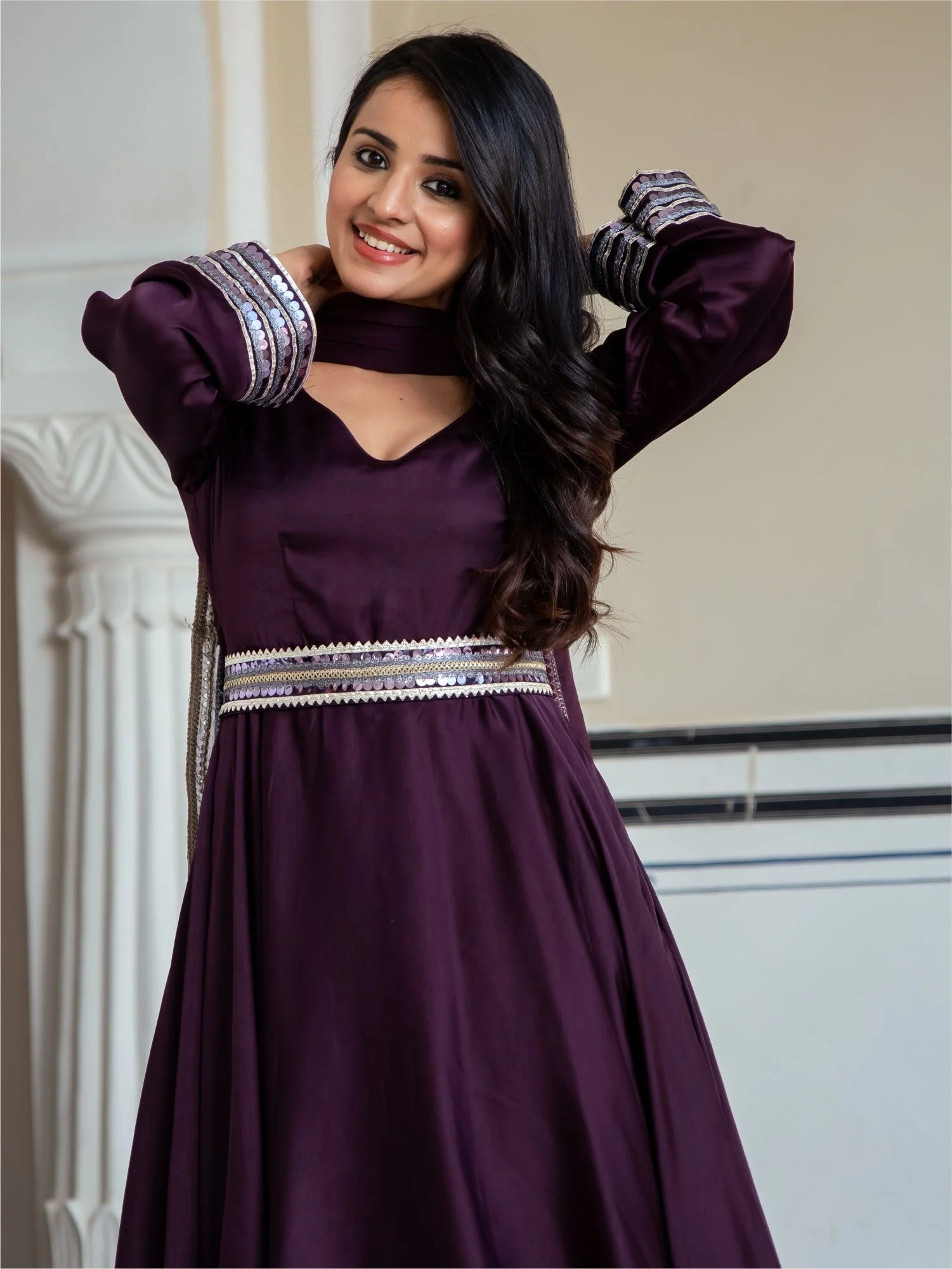 Wine Silk Anarkali With Dupatta - Image 7