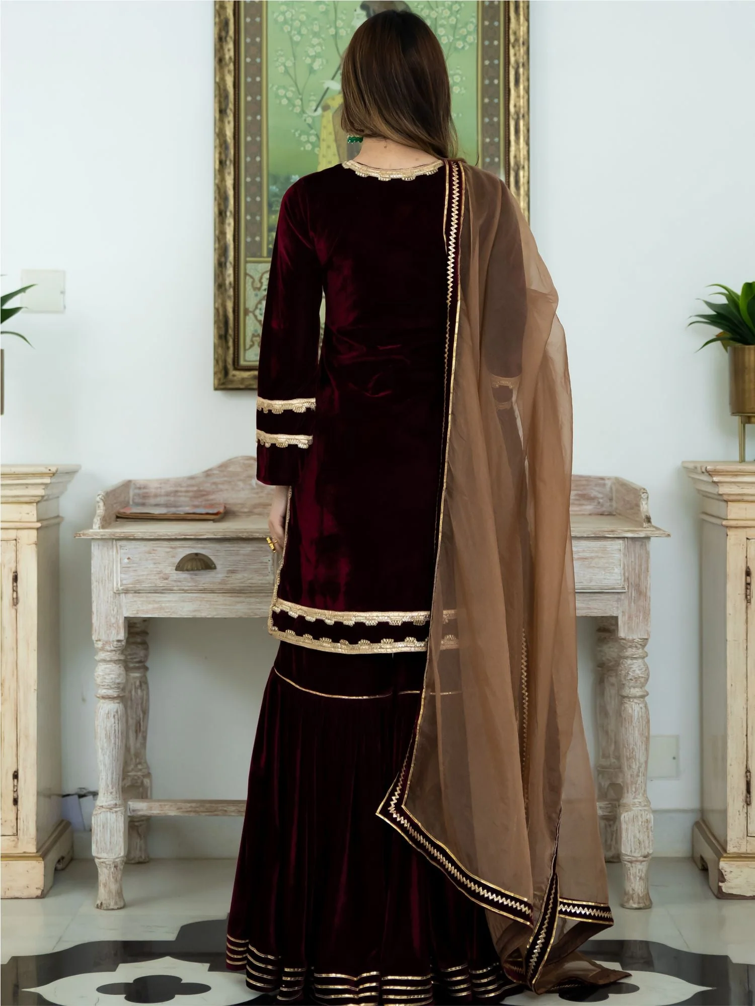 Wine Velvet Kurta and Sharara Set - Image 3
