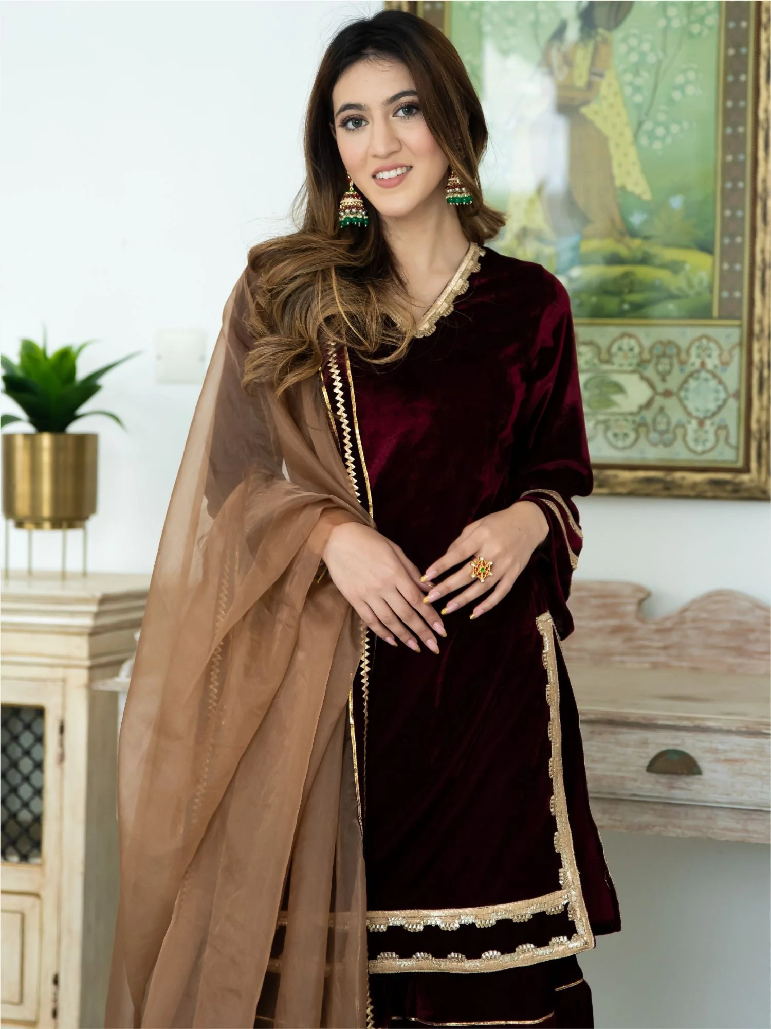 Wine Velvet Kurta and Sharara Set - Image 4