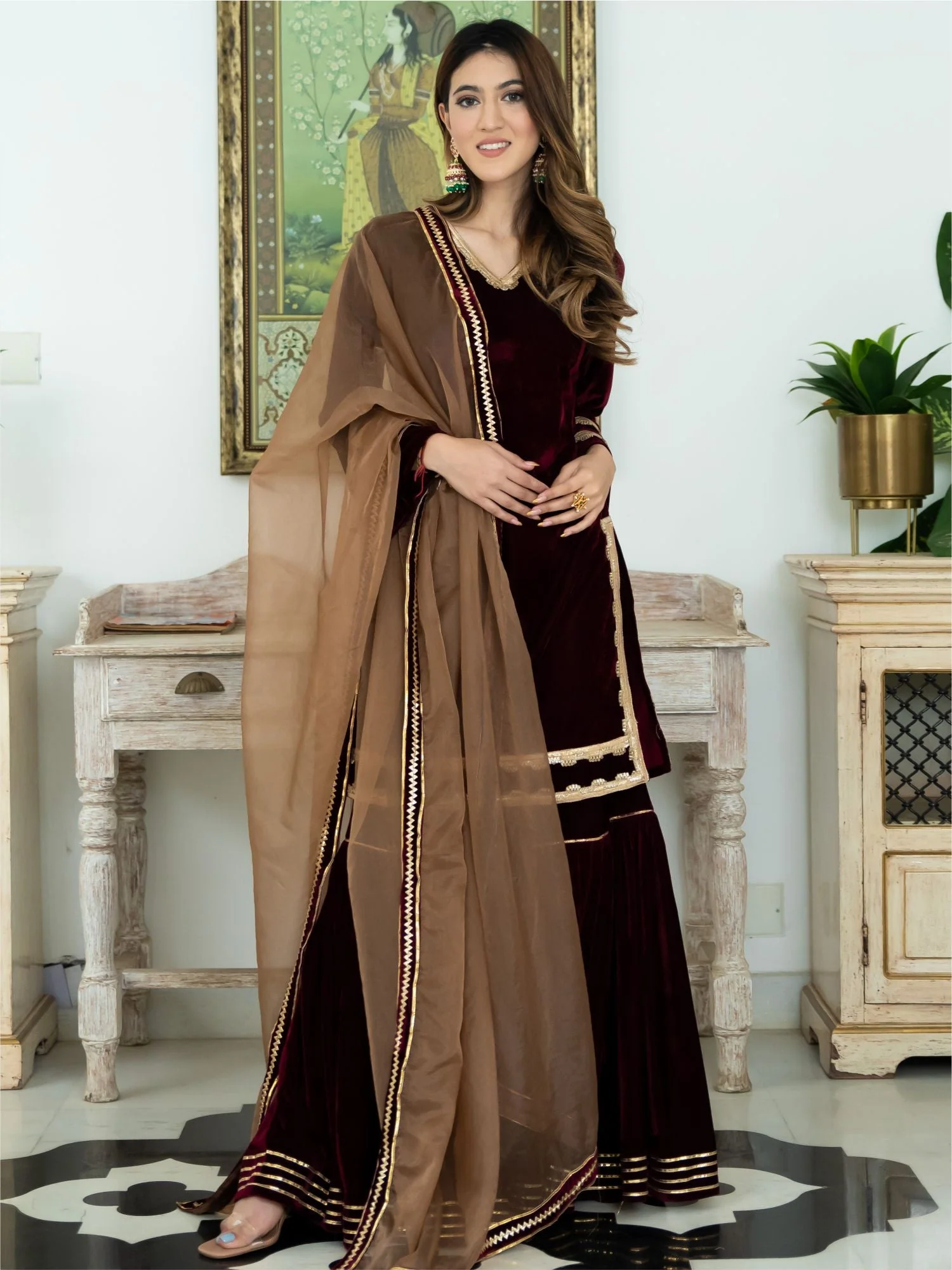 Wine Velvet Kurta and Sharara Set - Image 5