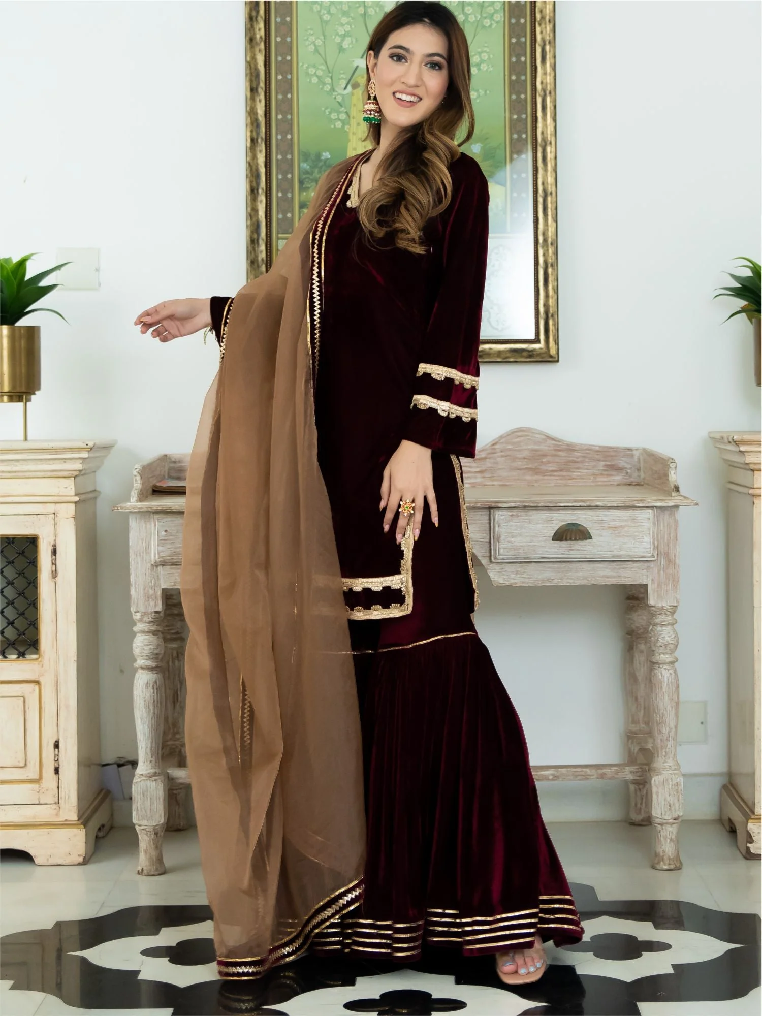 Wine Velvet Kurta and Sharara Set - Image 6