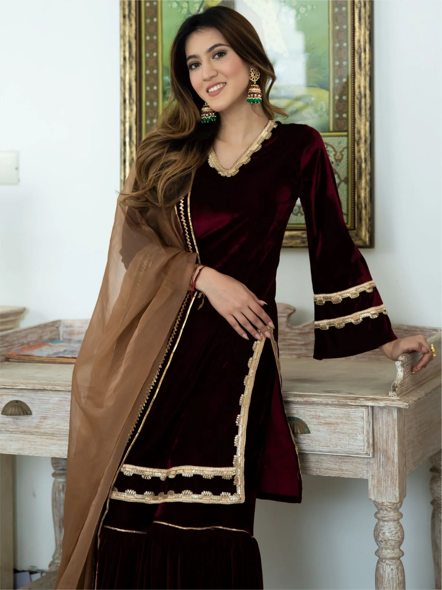 Wine Velvet Kurta and Sharara Set - Image 7