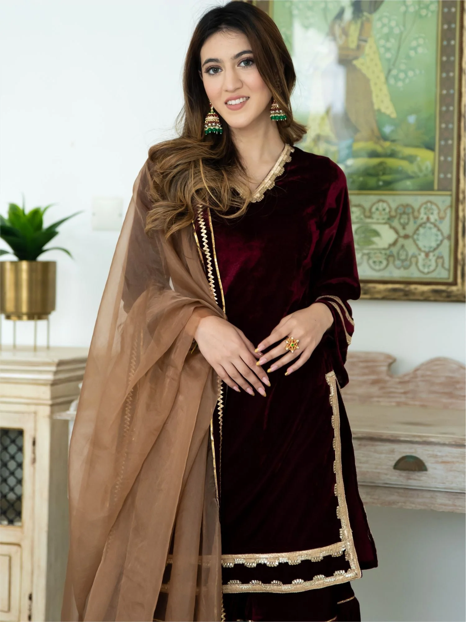 Wine Velvet Kurta and Sharara Set - Image 8