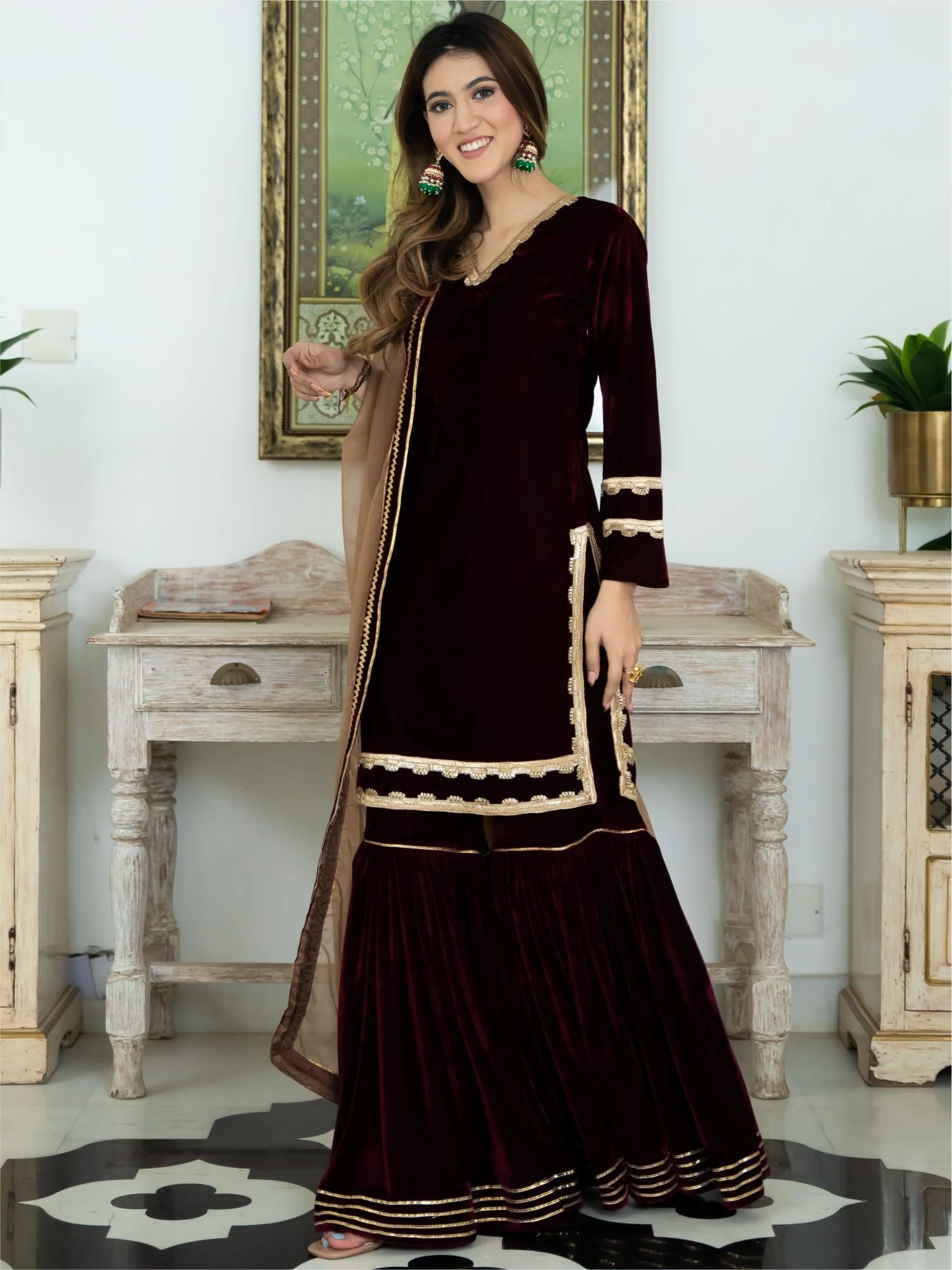 Wine Velvet Kurta and Sharara Set - Image 9