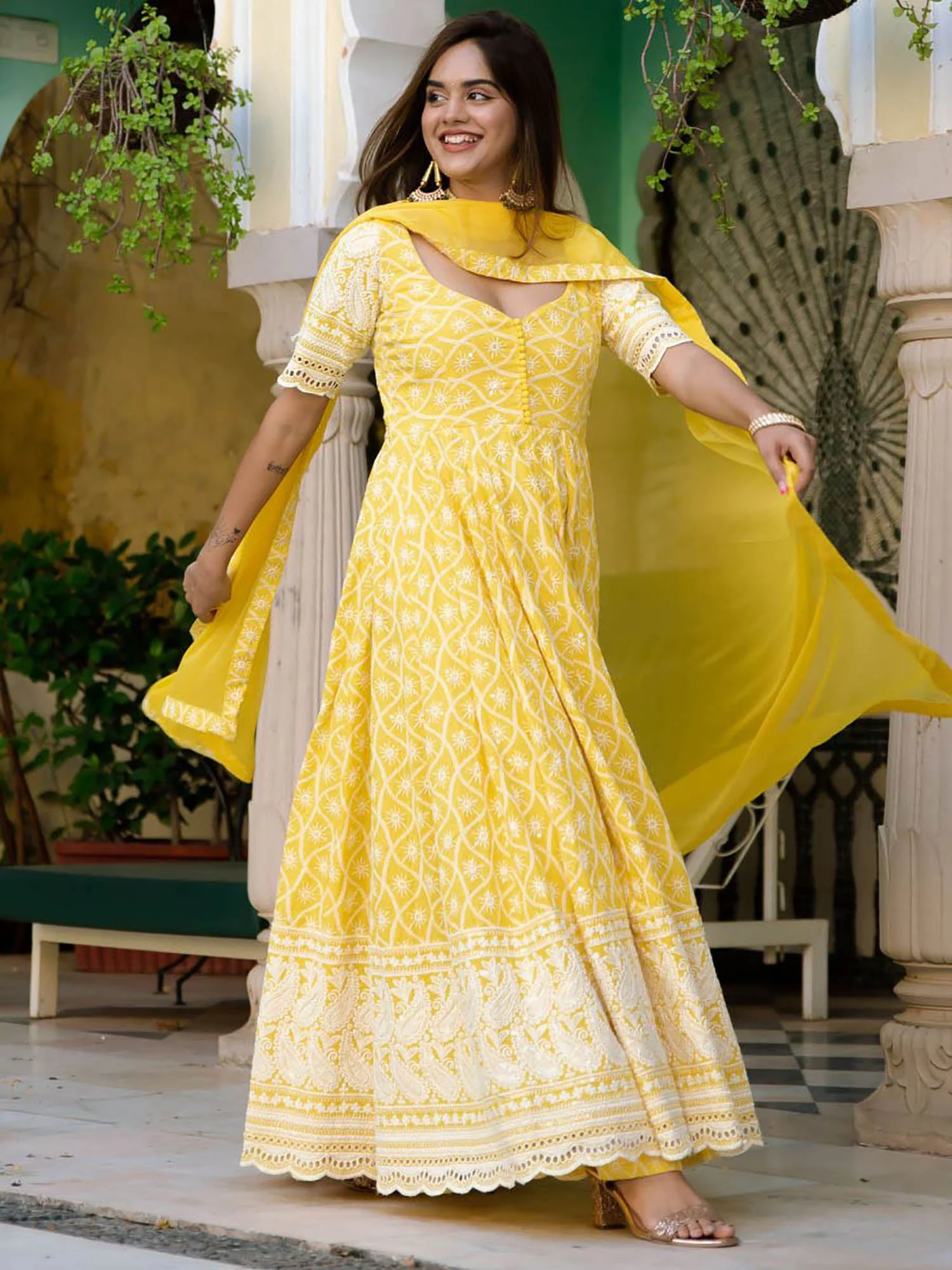 Yellow Embroidery Anarkali Set - Image 3