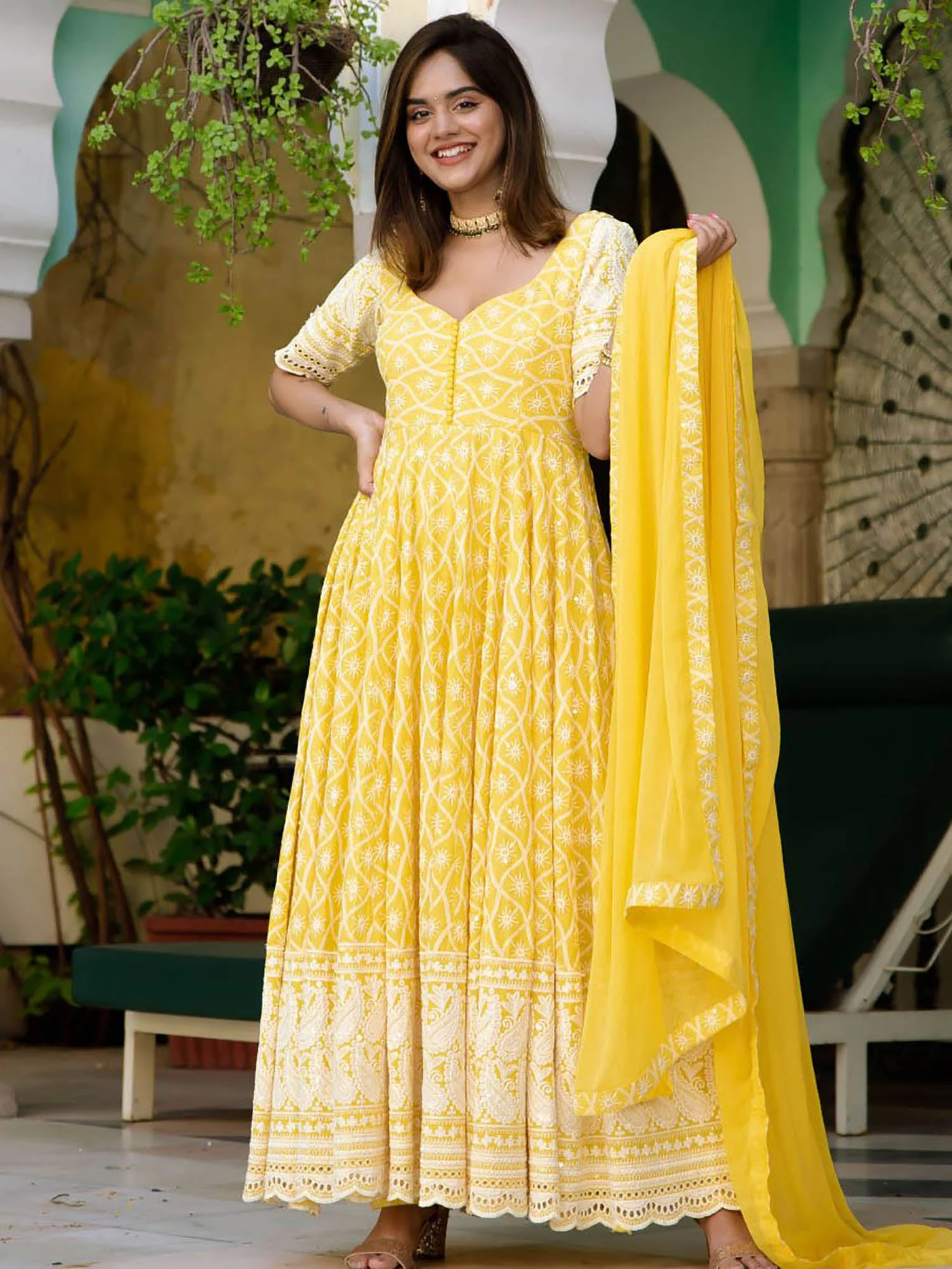 Yellow Embroidery Anarkali Set - Image 4