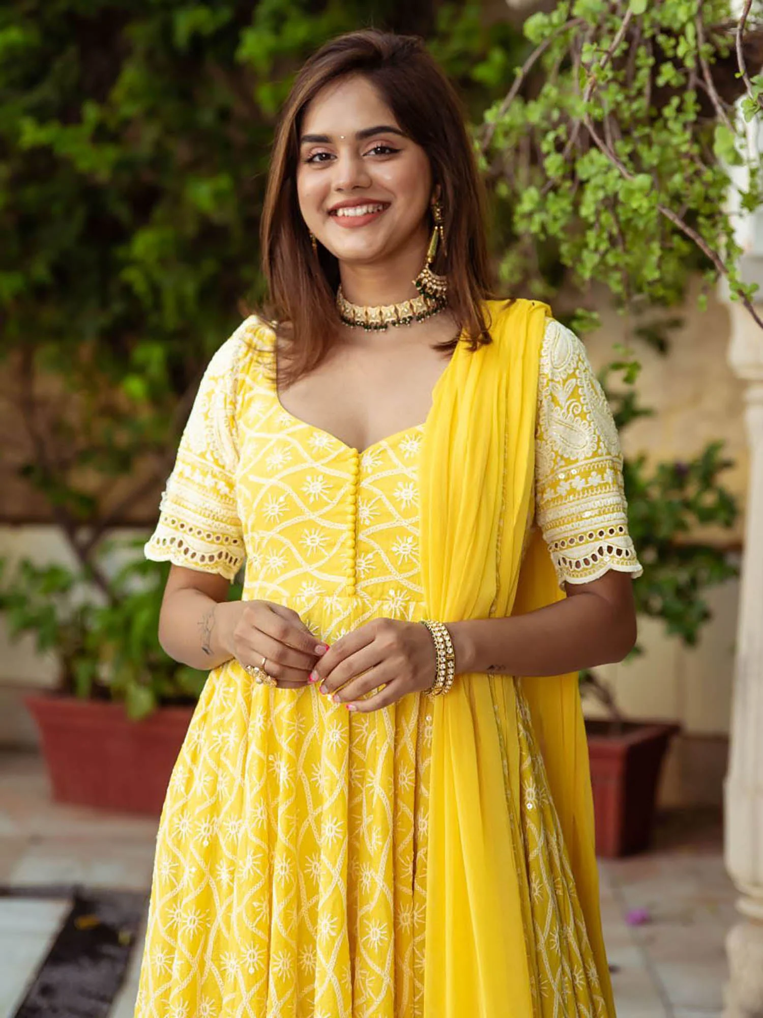 Yellow Embroidery Anarkali Set - Image 5