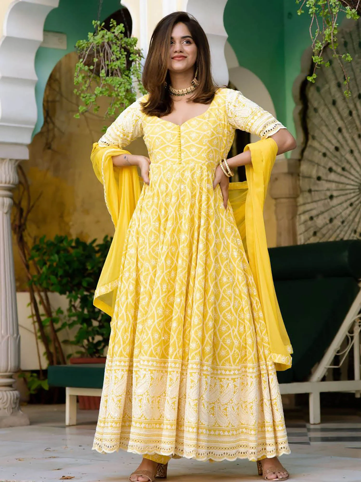Yellow Embroidery Anarkali Set - Image 6