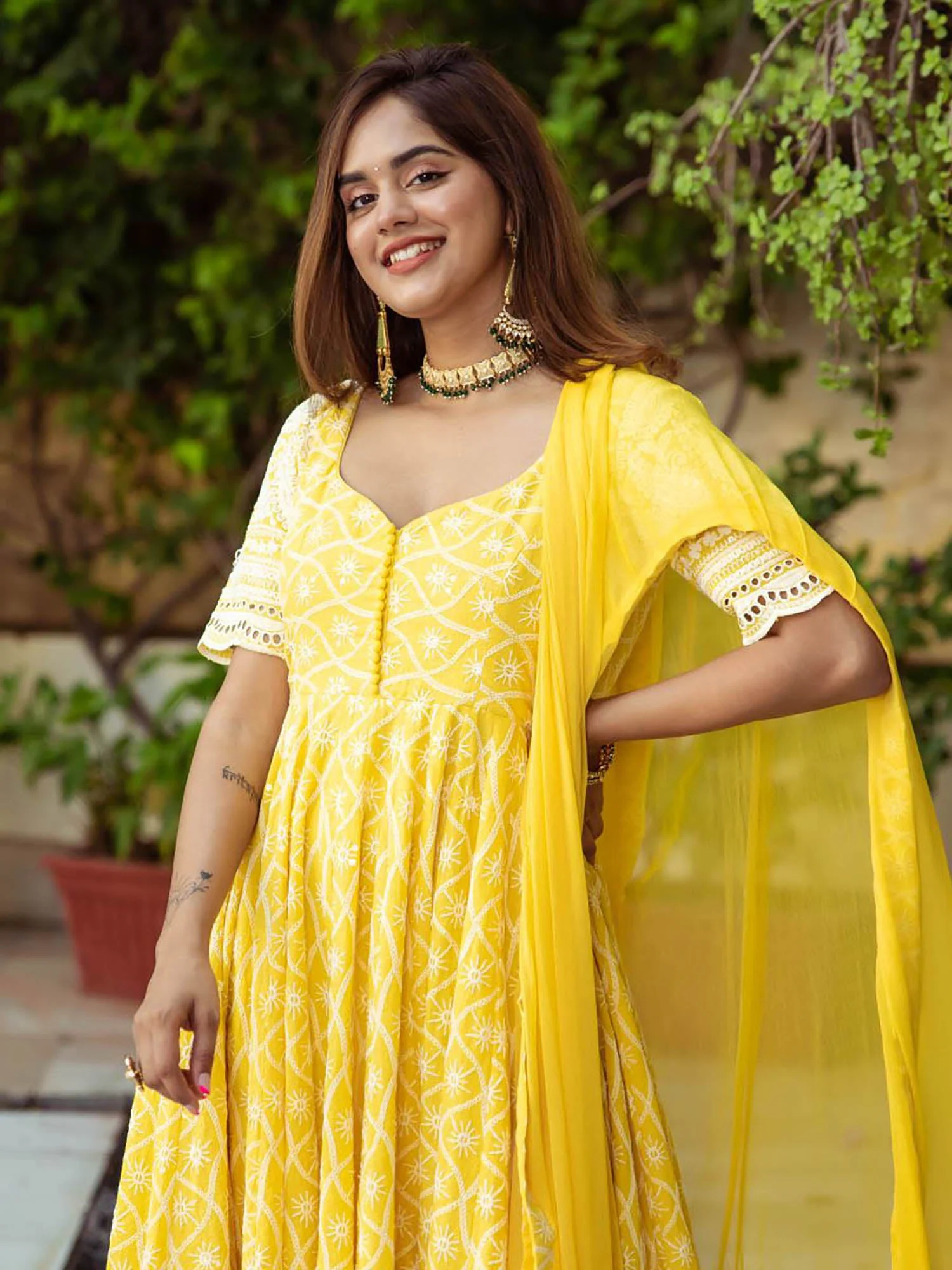 Yellow Embroidery Anarkali Set - Image 7