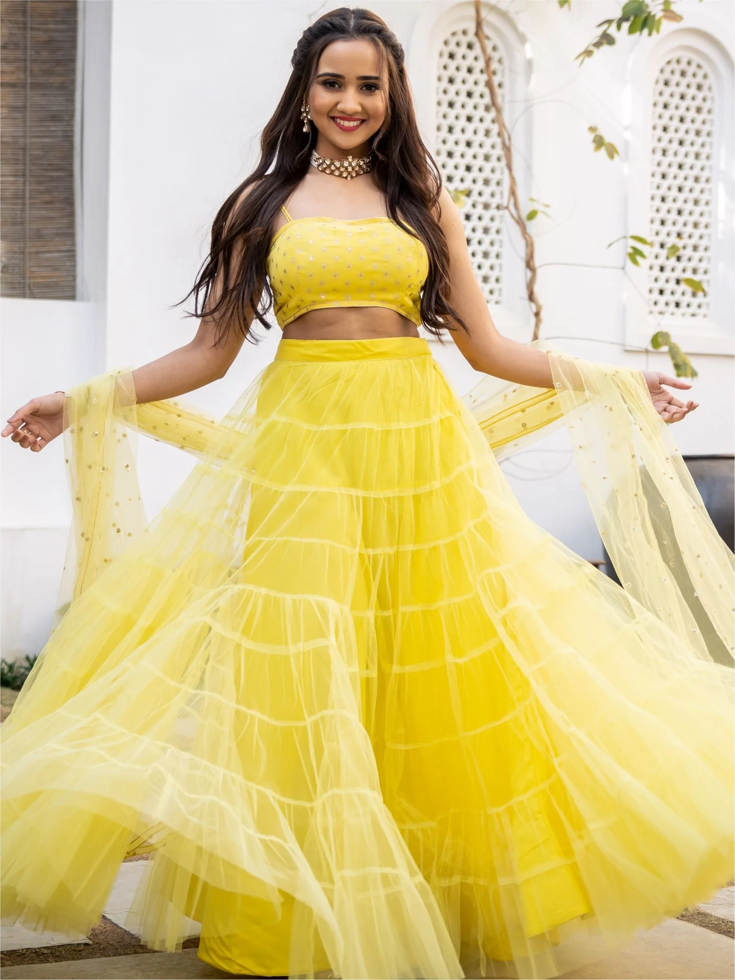 Yellow Net Tiered Flared Lehenga Set - Image 3