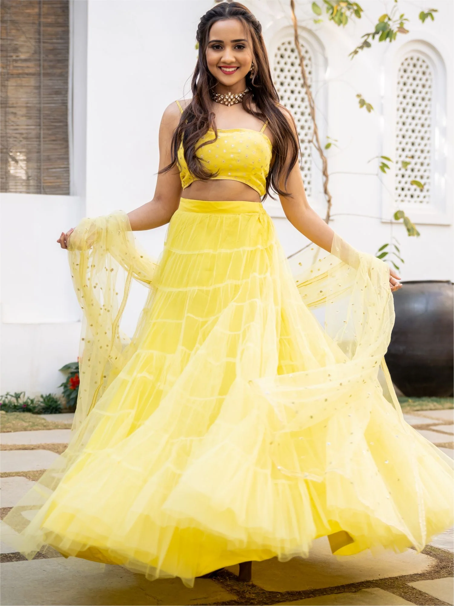 Yellow Net Tiered Flared Lehenga Set - Image 5