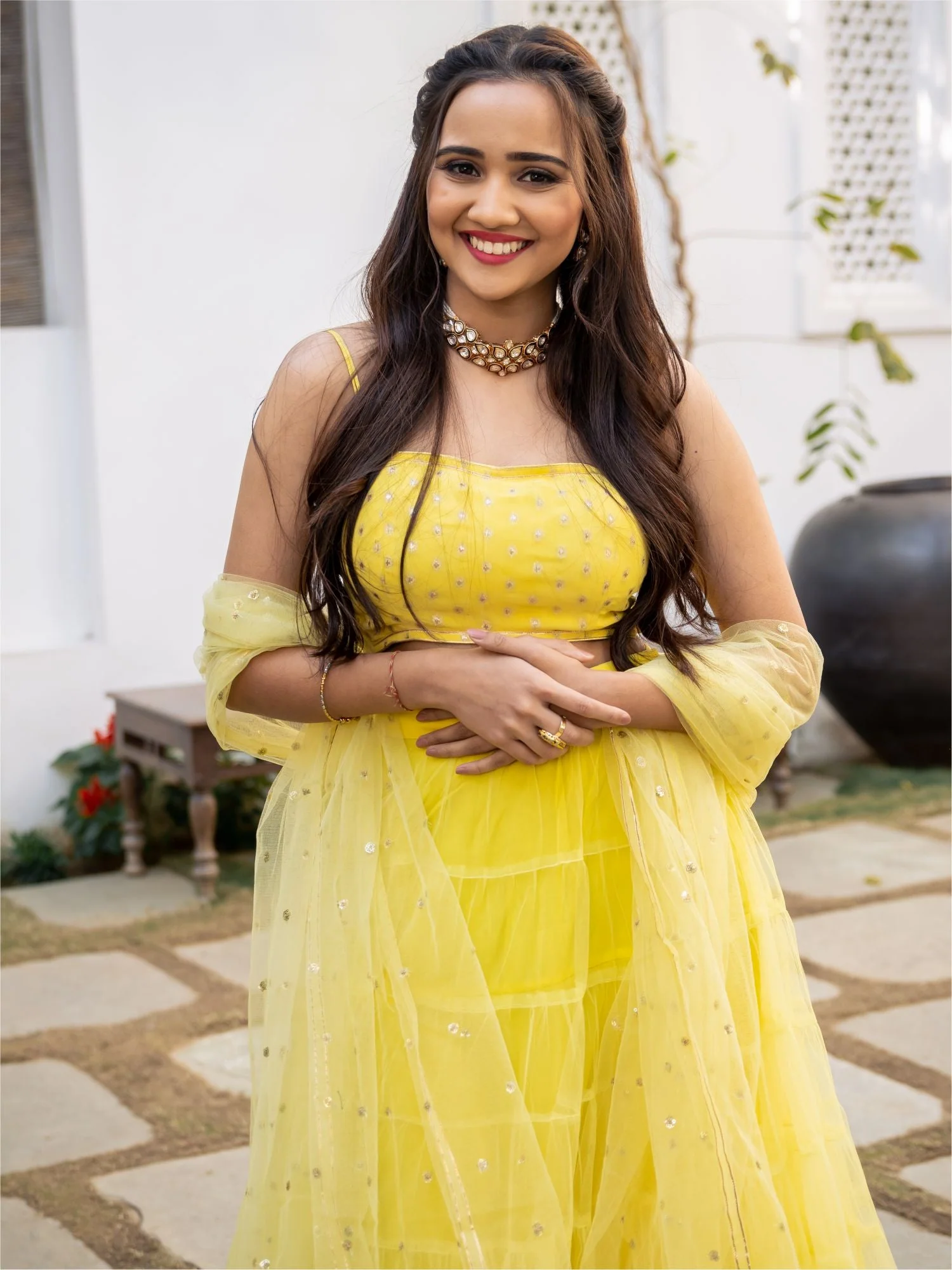 Yellow Net Tiered Flared Lehenga Set - Image 6