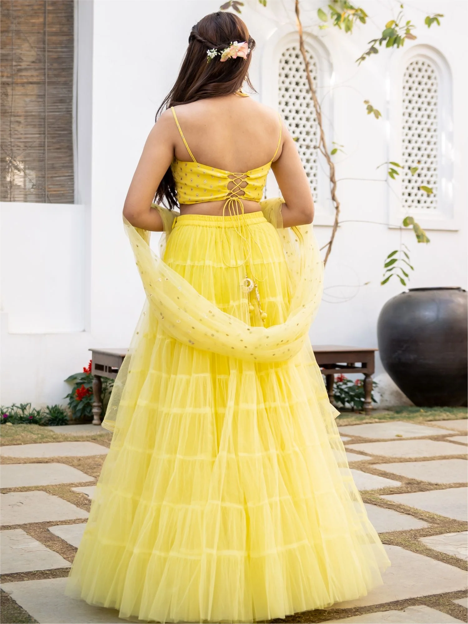 Yellow Net Tiered Flared Lehenga Set - Image 7